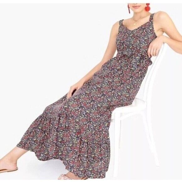 J. Crew Tiered Floral Waist Tie Maxi Dress Blue Linen Ruffle CottageCore sz 00 - Picture 2 of 7